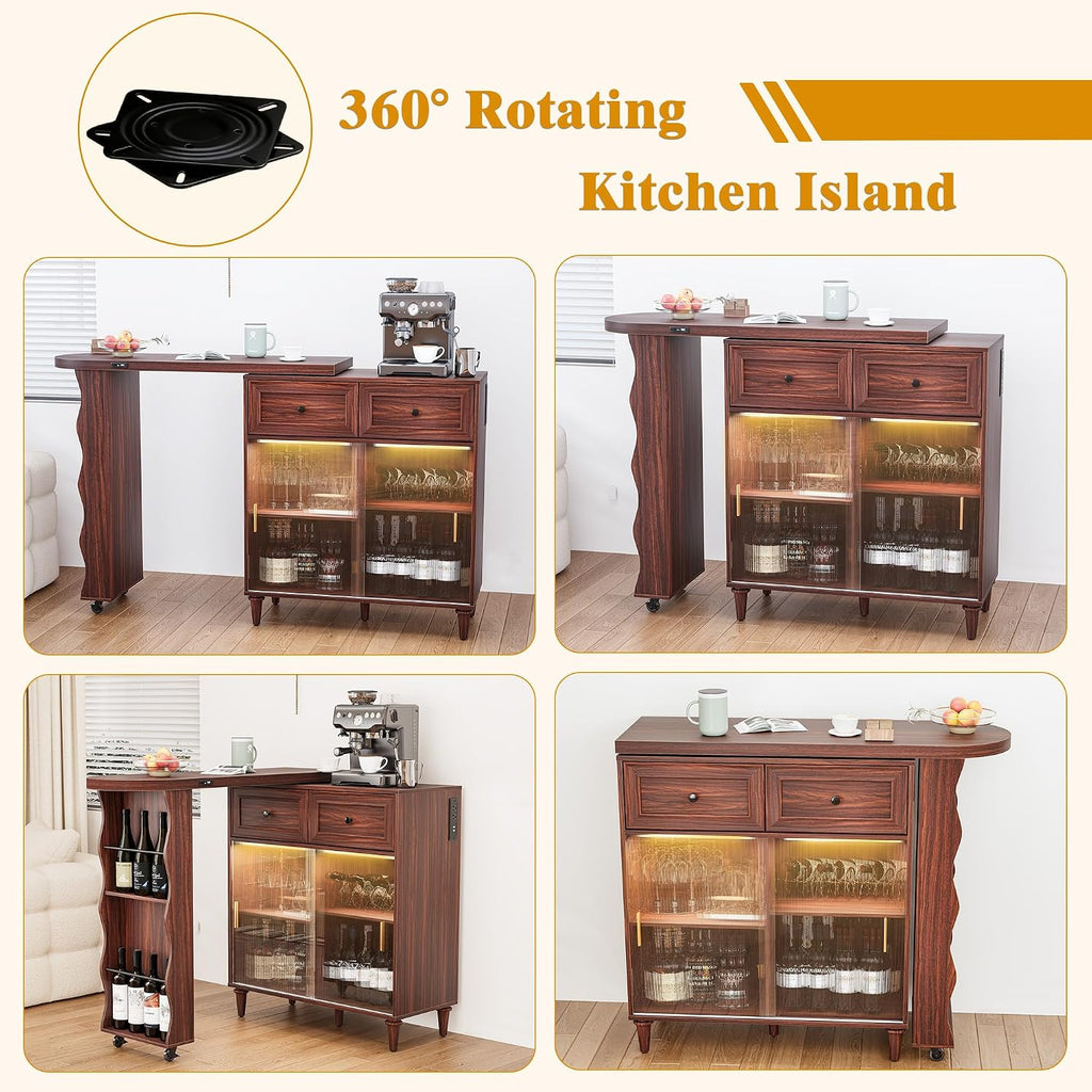 69' Kitchen Island with 360° Rotating Table, Bluetooth Speakers, LED Lighting, Adjustable Shelves, Storage Cabinet & Power Outlet – Walnut Finish Extendable Dining Table for Kitchen, Dining Room, Bar