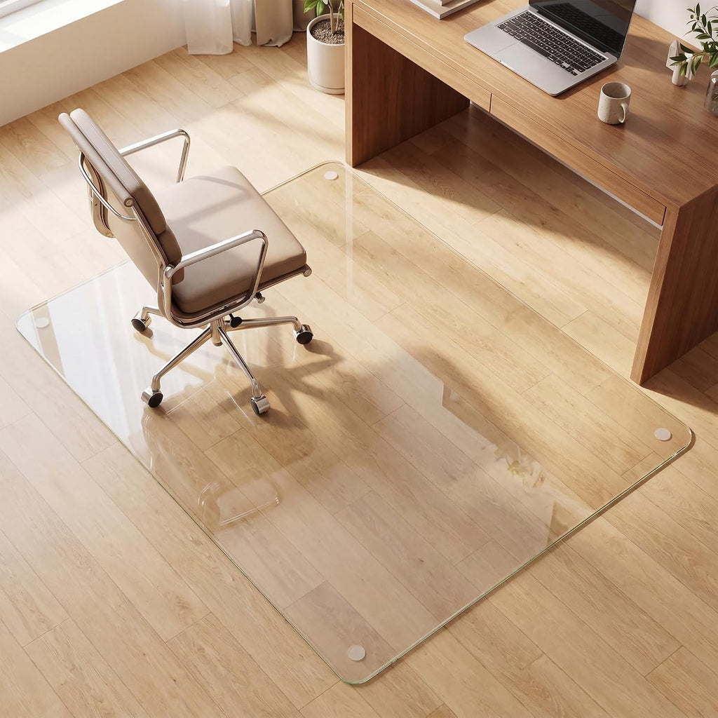 VETROUVE 48' x 60' Chair Mat for Carpet, Heavy Duty Hard Tempered Glass Desk Office Mat on Carpet or Hard Floor with 4 Anti-Slip Pads, 1/5' Thick, Smooth Rolling, Scratch Resistant, Transparent