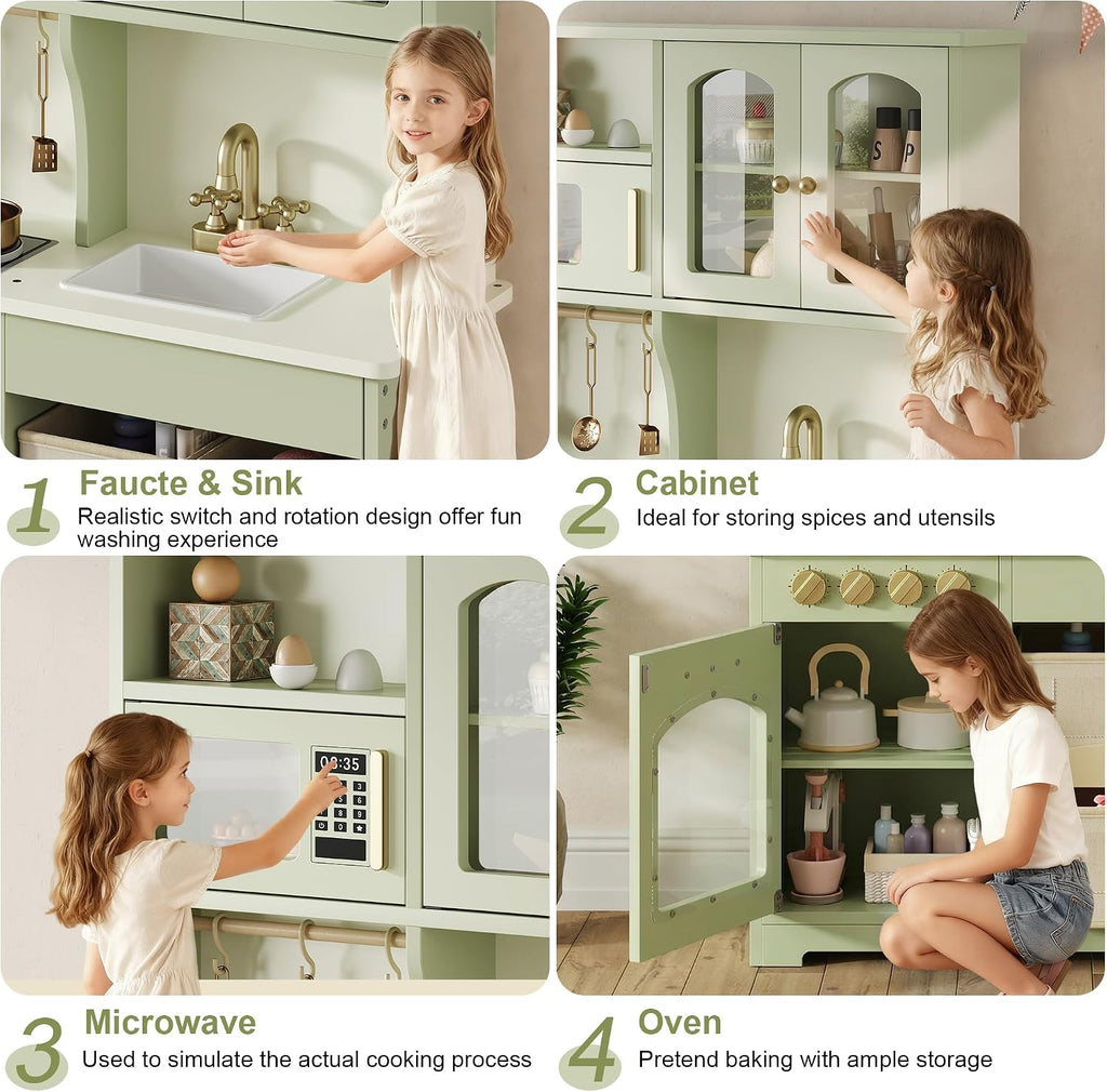 knoworld Play Kitchen for Kids, Wooden Toy Kitchen Set with Smart Storage & Accessories, Toddler Kitchen Playset with Stove & Oven, Pretend Play Set, Gift for Ages 3+, Green