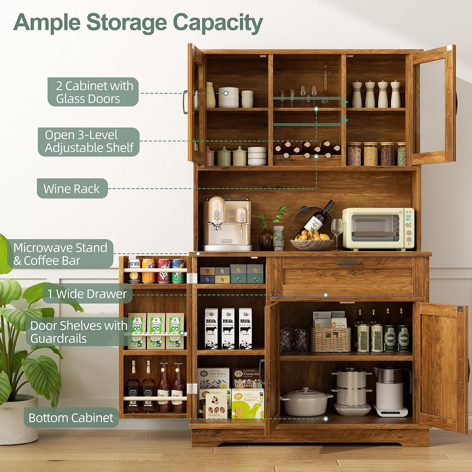 Shintenchi Kitchen Pantry Storage Cabinet, Freestanding Buffet Cabinet with Microwave Stand & 4 Door Shelves, Kitchen Hutch with Doors, Adjustable Shelves and Wine Rack, Brown