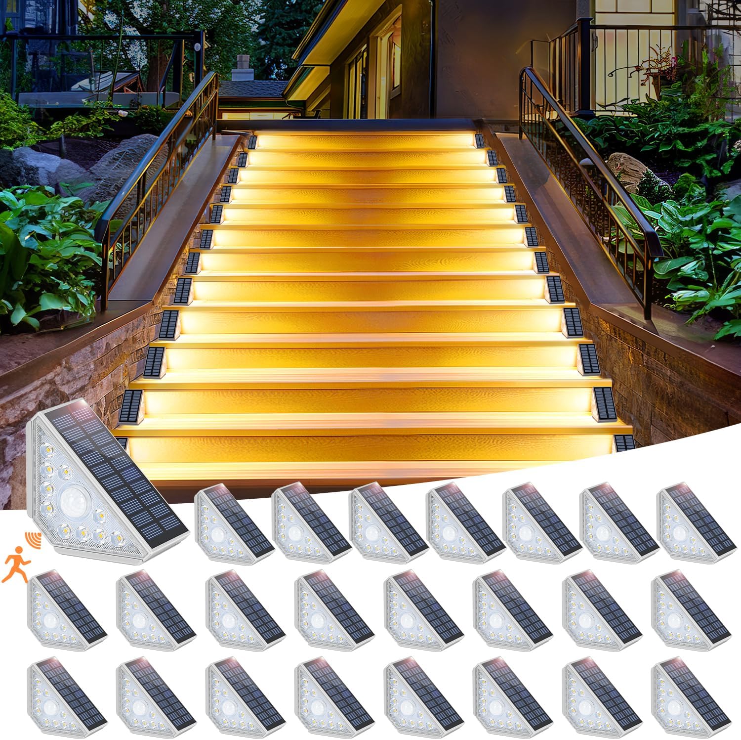 Kondras Motion Sensor Solar Step Lights for Outside, 24-Pack Outdoor Stair Lights Waterproof IP67, Solar Powered LED Outdoor Step Lights Decor for Yard Garden Porch Patio Pathway Deck, Warm White