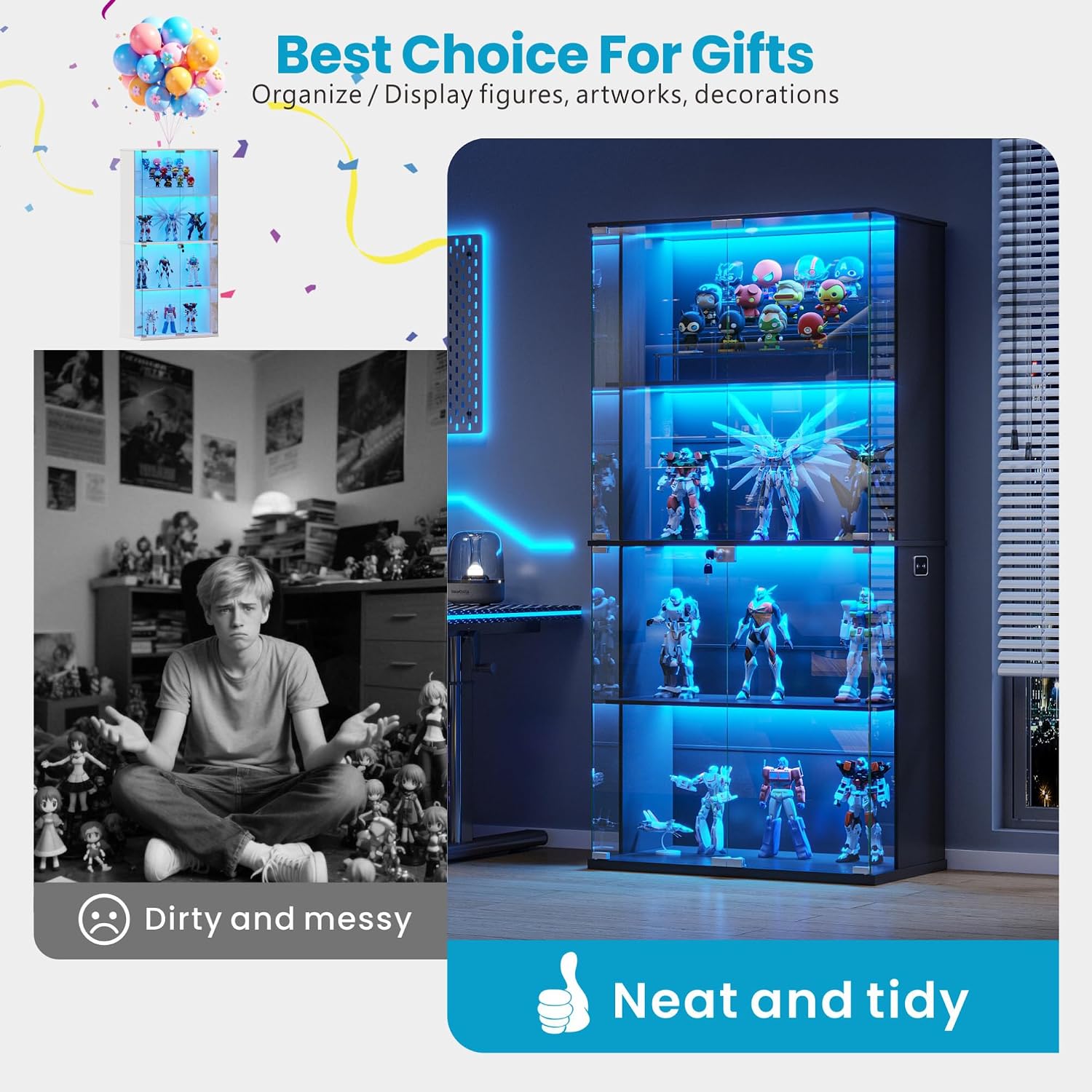 HNEBC Black Display Cabinet with Glass Door,Lighted 4-Tier Curio Cabinet with3 Color Lights for Collectibles Bookcases,66' Display Case with Human Body Sensor for Living Room/Game Room