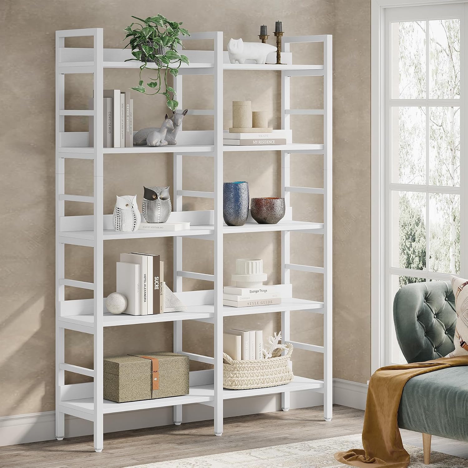 Tribesigns 5-Tier Industrial Bookshelf, 71'H x 47'W Etagere Bookcase, Freestanding Double Wide Book Shelf for Storage and Display, Wood and Metal Bookshelves for Living Room Home Office, White