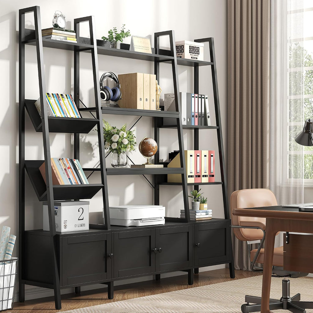Nosepen Ladder Bookshelf with 4 Doors, 4 Tier Triple Width Large Open Storage Shelving, Industrial Style Capacity Home Office Bookcase with Adjustable Shelves, Display Cabinet Black
