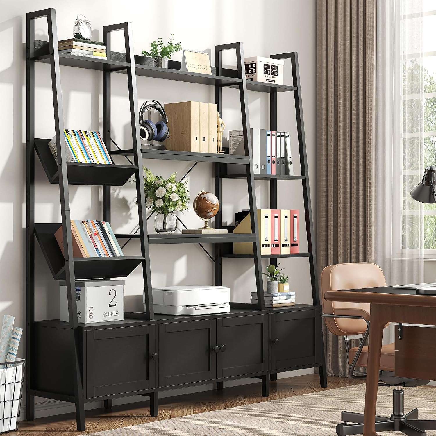 Nosepen Ladder Bookshelf with 4 Doors, 4 Tier Triple Width Large Open Storage Shelving, Industrial Style Capacity Home Office Bookcase with Adjustable Shelves, Display Cabinet Black