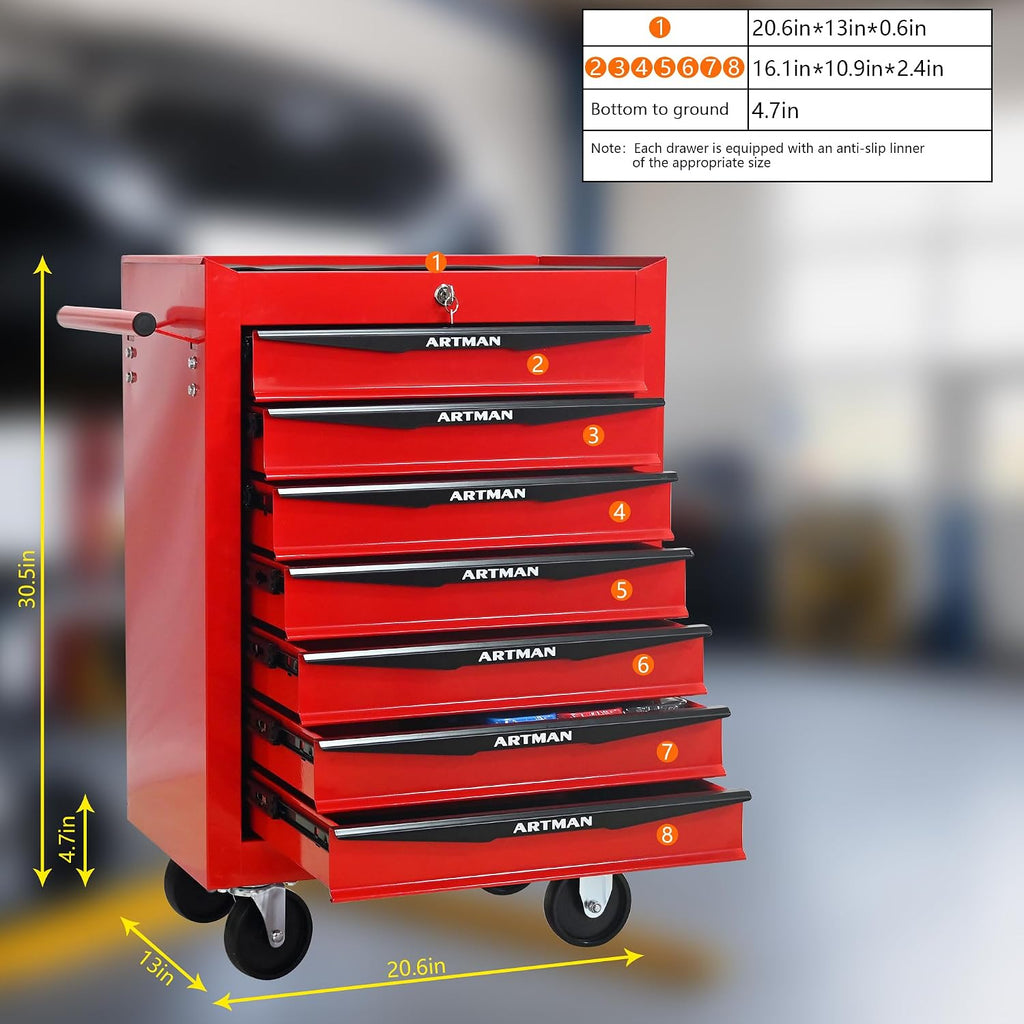 Rolling Tool Chest Cart with 7 Drawers,Storage Tool Cabinet on 4 Wheels. Lockable Tool Cart with Drawer Liners.Steel Tool Box Organizer for Garage,Repair Workshop-Red