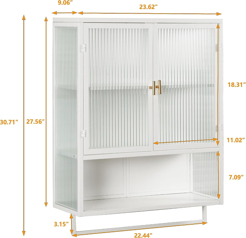 Retro Style Haze Double Glass Door Wall Cabinet with Detachable Shelves for Office, Dining Room,Living Room, Kitchen and Bathroom Mint White