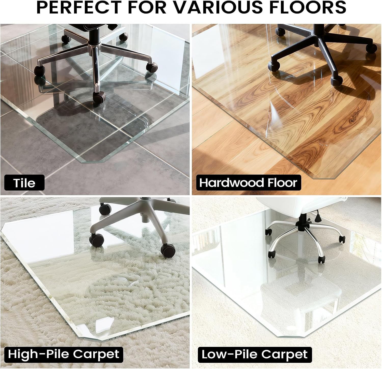 Tempered Glass Chair Mat with Patented Beveled Edge, 46'x55' 1/5' Thick Office Floor Mat for Carpet & Hardwood, w/ 12 Anti-Slip Pads