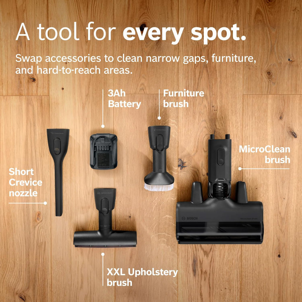 Bosch Unlimited 9 Cordless Stick Vacuum Cleaner - Up to 60 Min Battery, Multi-Surface, Vacuums Pet Hair, Hard Floors and Carpets, HEPA Filter, MicroClean Brush, 3 Accessories, White