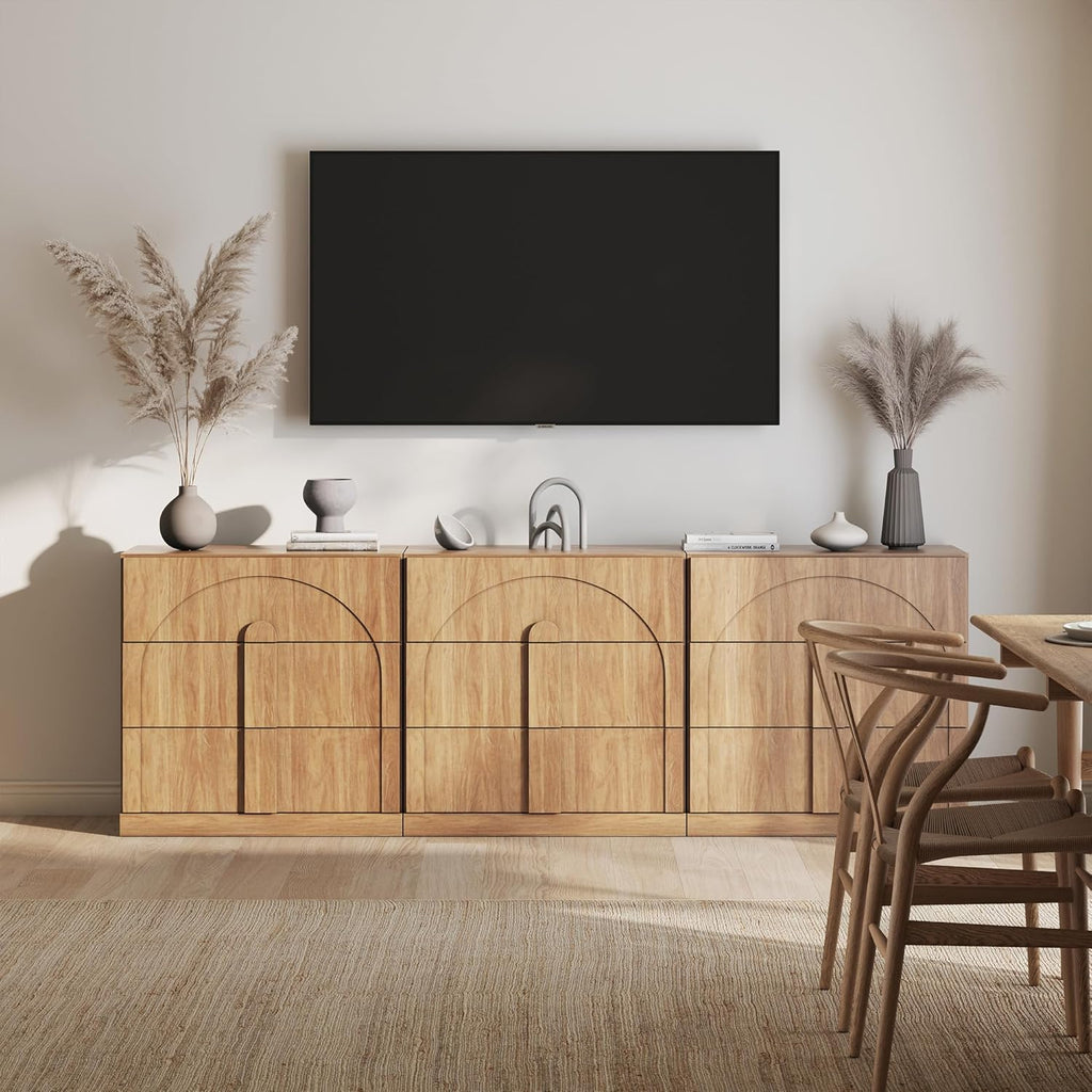 BELLEZE Sideboard Cabinet with 3 Drawers, Set of 3 Modern Wood Buffet Cabinet with Arc Design, Large Fluted Sideboard with Storage for Dining Room Living Room Entryway, Camel