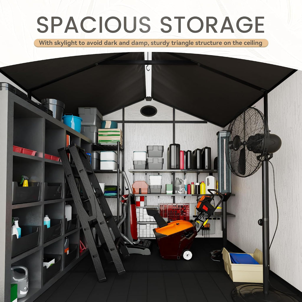 8 x 8 FT Plastic Outdoor Storage Shed with Floor,Garden Resin Shed with Window and Lockable Door, Outside Sheds for Bike, Garbage Can, Tool