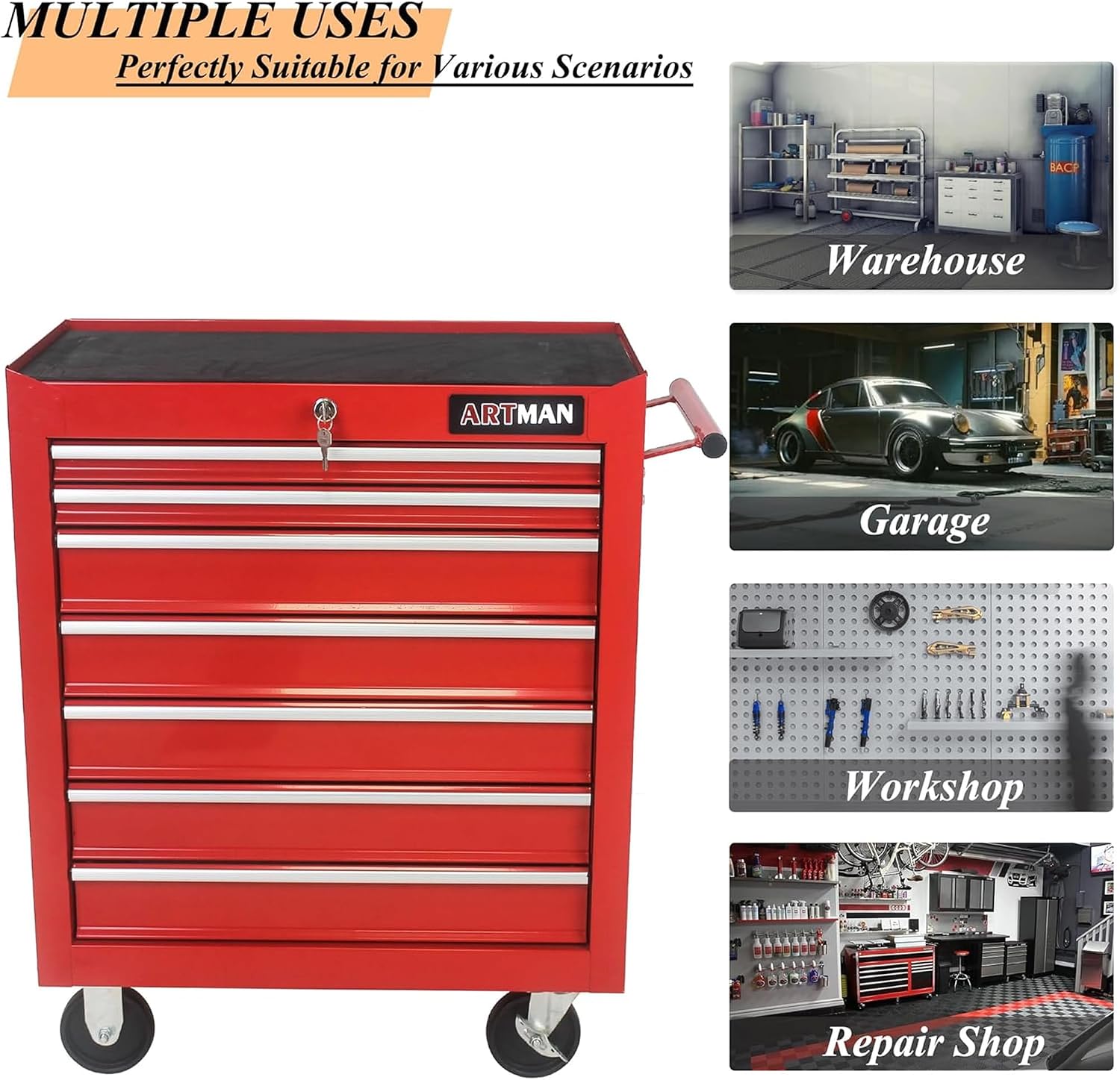 7-Drawer Metal Rolling Tool Cart on Wheels,Tool Storage Cabinet With Locking System,Multifunctional Tool Box Tool Chest with Wheels for Garage, Warehouse,Repair Shop,Workshop (Red)