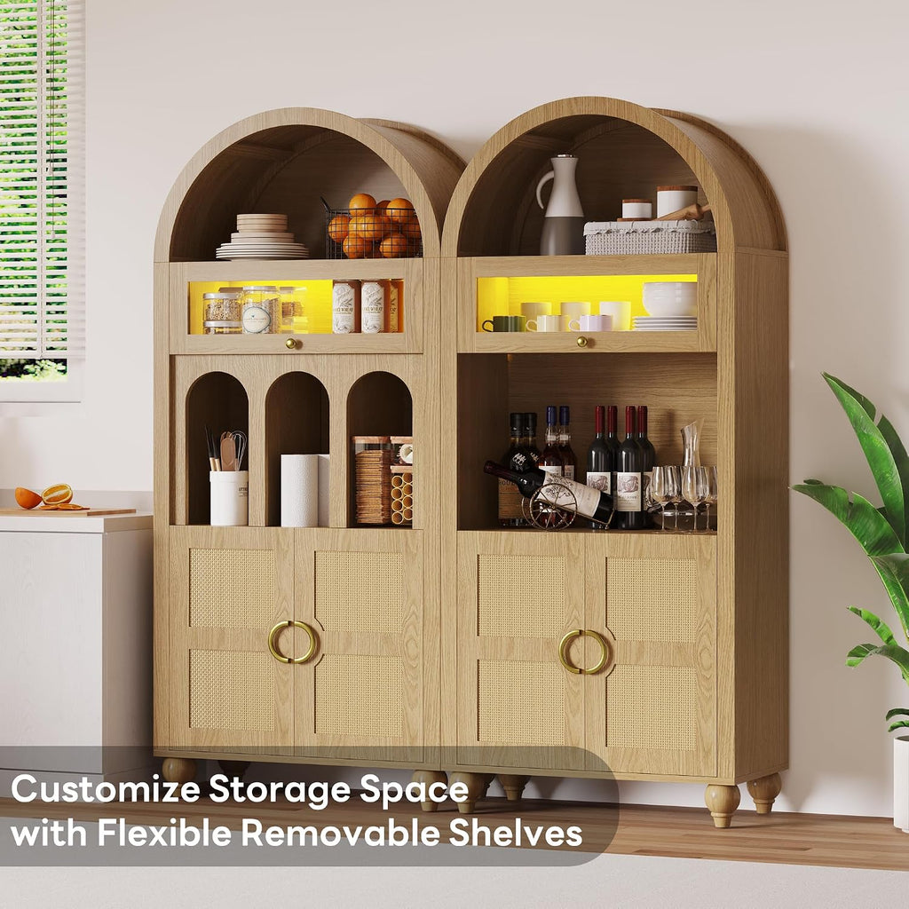 LIKIMIO 72.8' Tall Arched Cabinet, 5-Tier Bookshelf, LED Light Display Cabinet with Glass Doors, Rattan Storage Pantry with Adjustable Arch Shelf for Kitchen, Living Room, Office, Natural