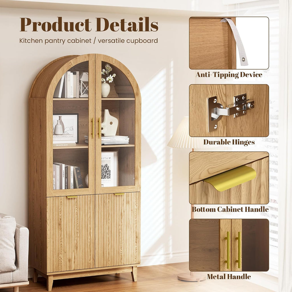 Pamapic 71' Tall Arched Cabinet, Fluted Kitchen Pantry with Glass Doors & Adjustable Shelves, Arch Storage Cabinet, Wooden Pantry for Dining Room, Living Room (Natural)