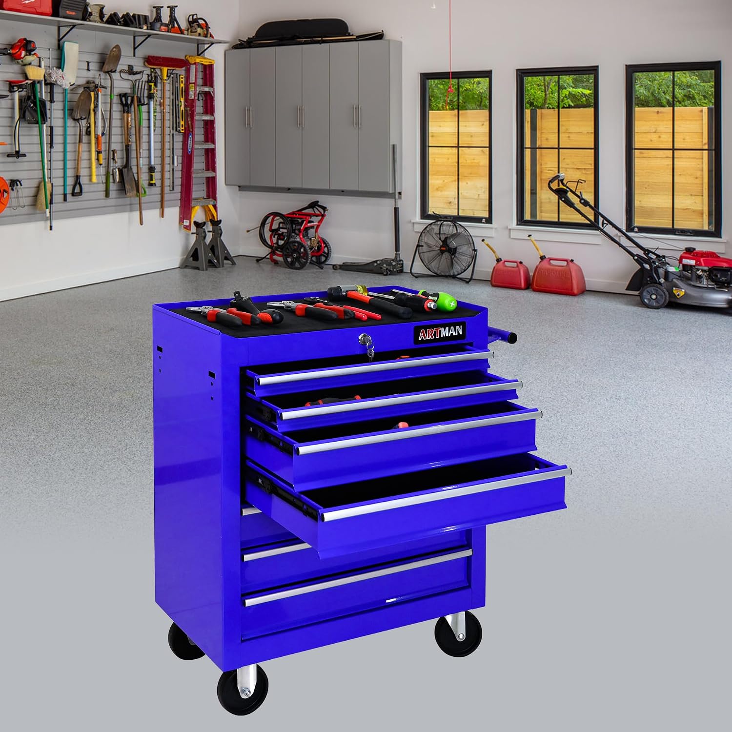 Rolling Tool Cart with 7 Drawers, Lockable Heavy-Duty Steel Tool Cabinet on Wheels, 300 lb Capacity, Ball-Bearing Slides, Powder-Coated Finish, Garage Workshop Tool Storage Blue