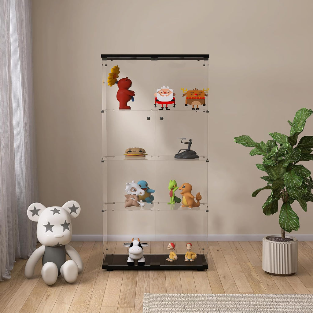 Modern 4-Tier Two-Door Glass Display Cabinet Shelves with Door Floor Standing Curio Glass Countertop Display Bookshelf for Living Room Bedroom Office
