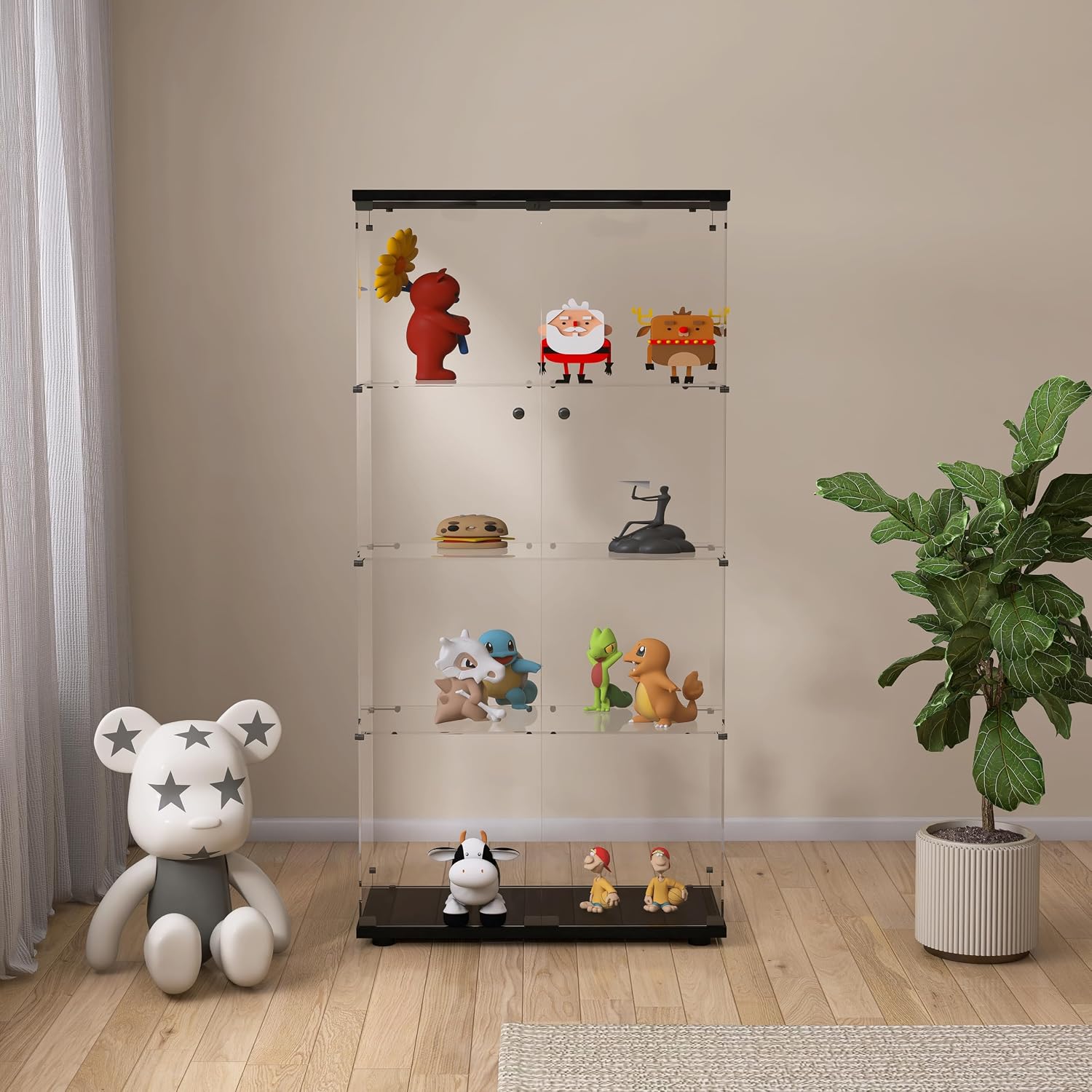 Modern 4-Tier Two-Door Glass Display Cabinet Shelves with Door Floor Standing Curio Glass Countertop Display Bookshelf for Living Room Bedroom Office