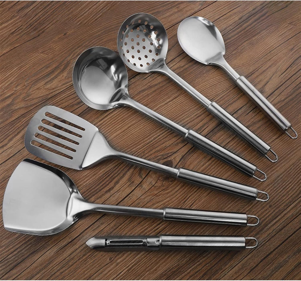 7-Pieces Kitchen Utensil Set -Stainless Steel Specialty Chinese Wok Utensil Set Cooking Utensils with Rotating Holder for Baking Cooking Lightweight and Durable