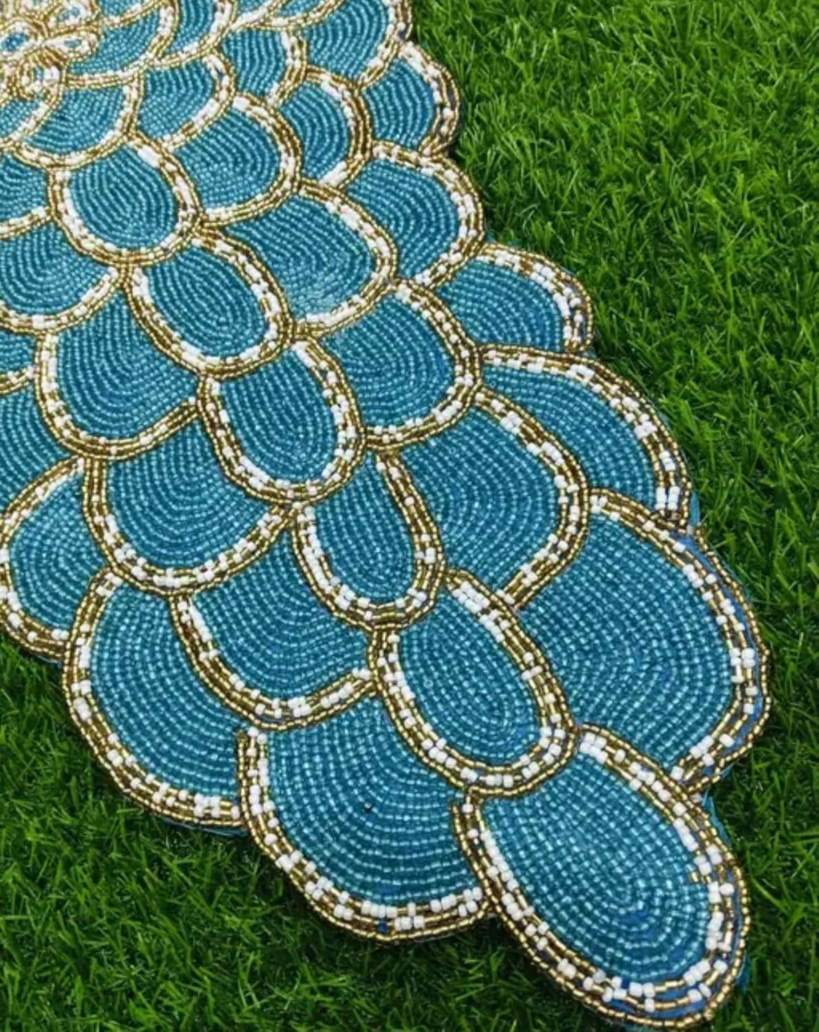 Beaded Table Runner, Turquoise Blue with Gold Trim, Scalloped Edge Design, Handcrafted Decorative Accent