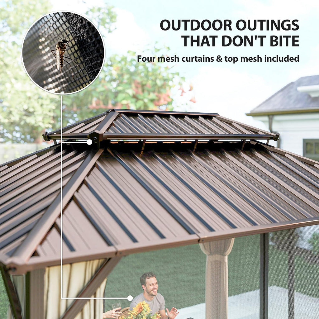Outsunny 10' x 14' Hardtop Gazebo with UPF50+ Double Galvanized Steel Roof Canopy, Aluminum Frame Permanent Outdoor Gazebo with Curtains and Netting, Ceiling Hooks, Brown