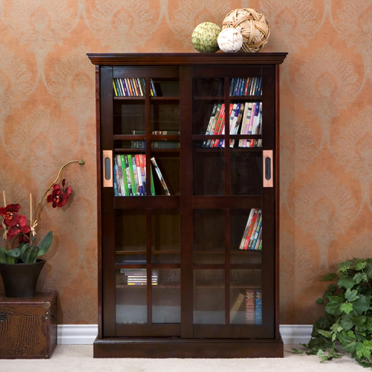 SEI Furniture - Media Cabinet with Sliding Doors - Espresso - Transitional Design, Brown Glass and Wood - Ideal for Home Office, Living Room (MS1071)