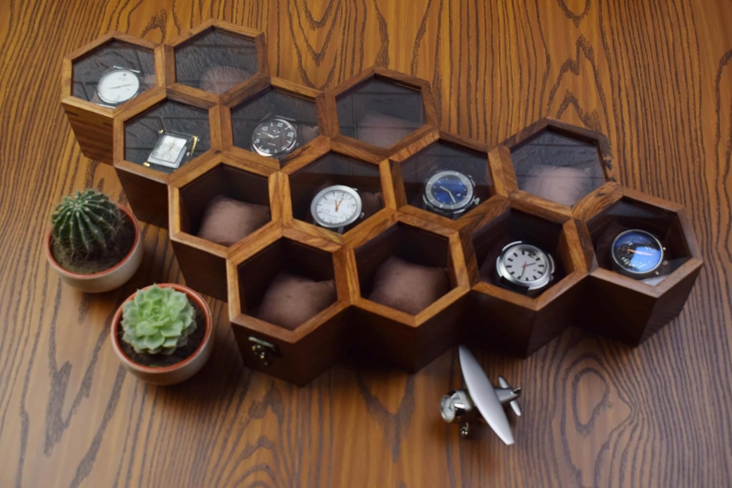 Extra Large 13 slot Superior Rosewood Honeycomb Watch Box Display Case Holder Collector Organizer for Men, Vintage Watch Storage Box to Store and Keep your Watches Safe and Sophisticated.