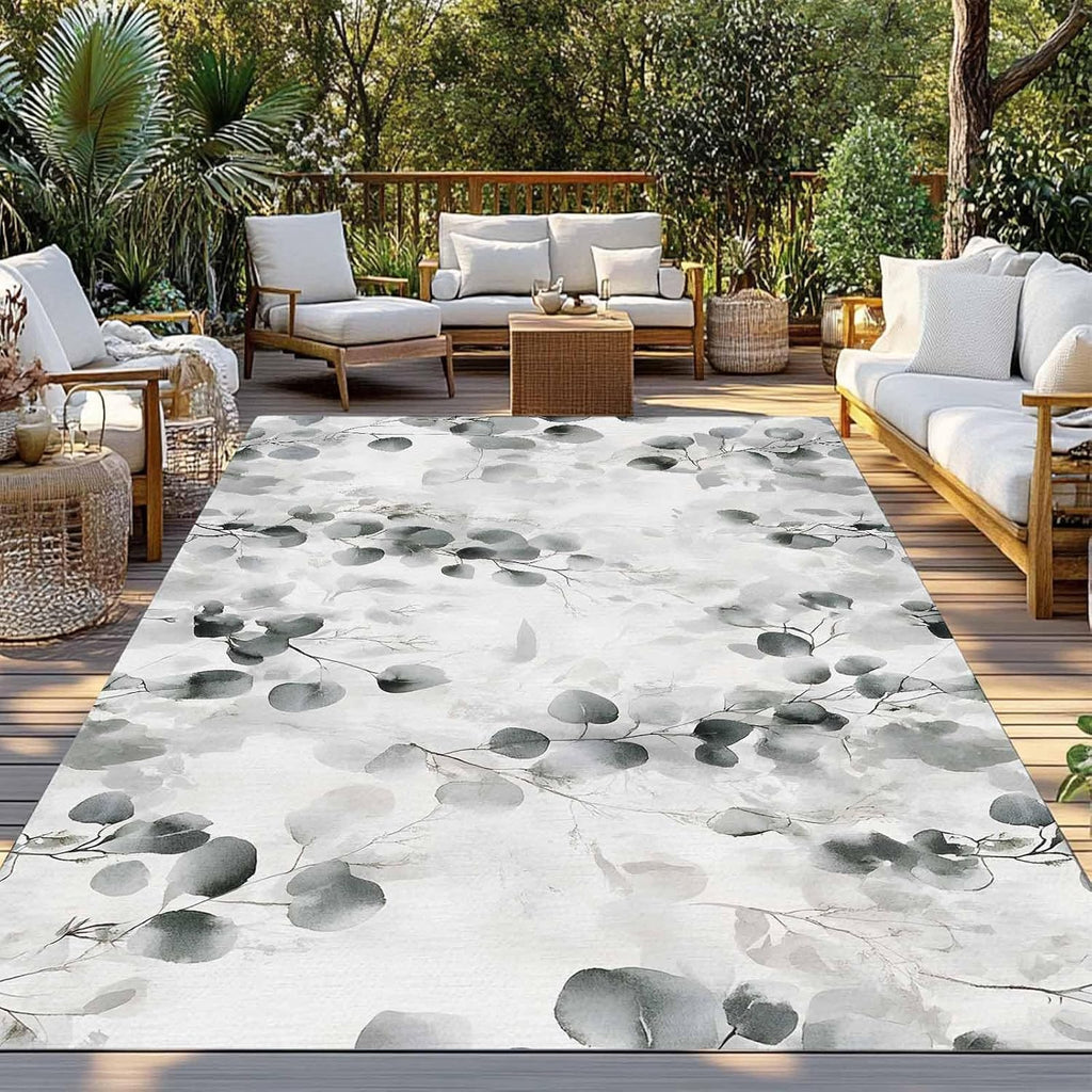 Outdoor Rug 4x6ft Retro Eucalyptus Leaves Patio Area Rugs Waterproof Easy Cleaning Non Shedding Thick Mats Grey Carpet for Indoor Outdoor Porch Deck Backyard Balcony