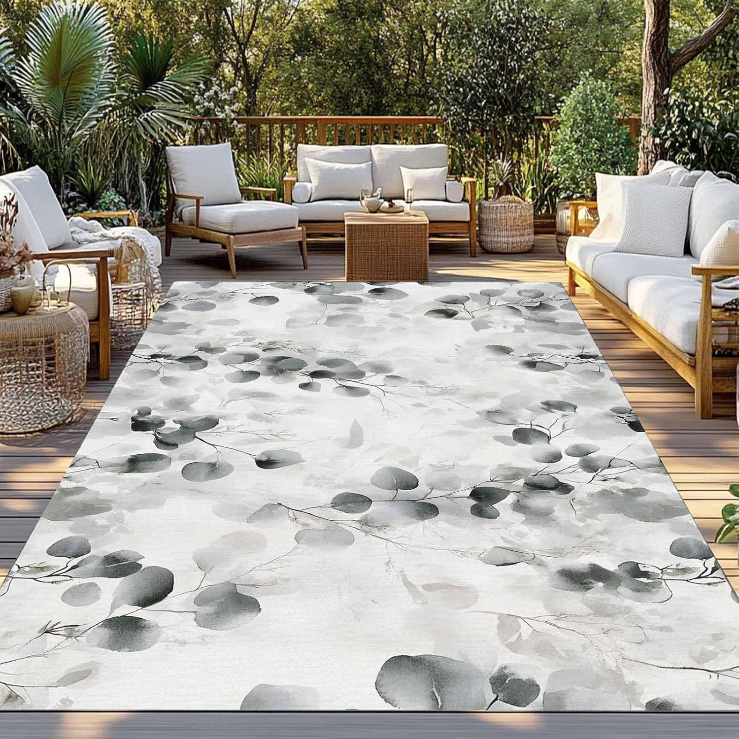 Outdoor Rug 4x6ft Retro Eucalyptus Leaves Patio Area Rugs Waterproof Easy Cleaning Non Shedding Thick Mats Grey Carpet for Indoor Outdoor Porch Deck Backyard Balcony