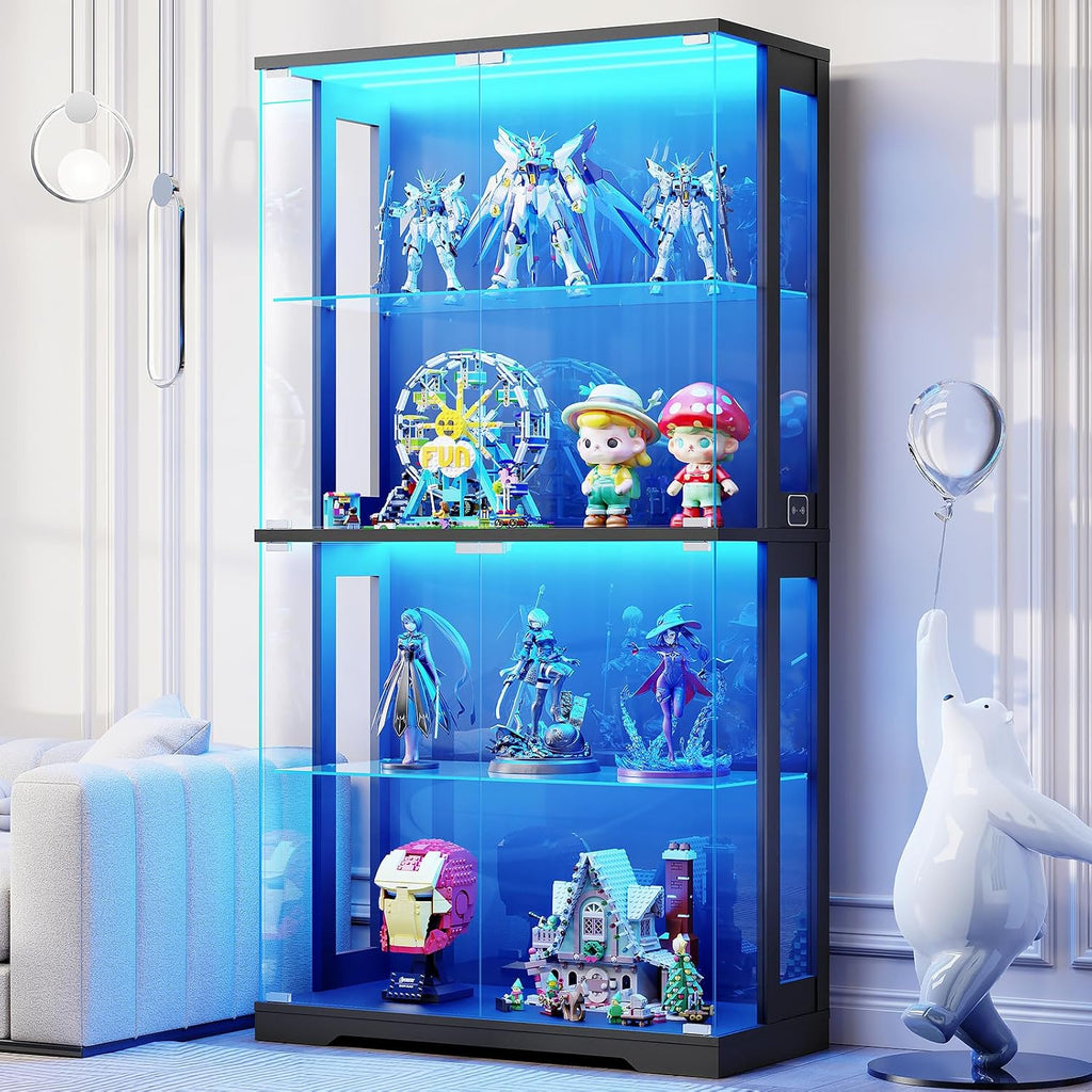 Display Cabinet with Glass Doors, 4-Tier Curio Cabinet with Transparent Full-Display Surface, 65' Glass Display Case with 3 Color Lights for Collectibles, Clear Case with Human Sensor Black