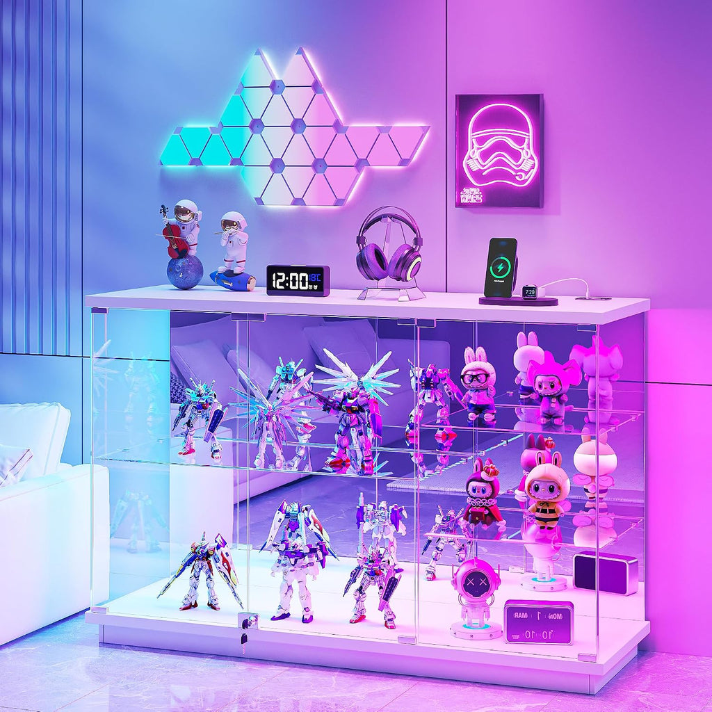 Lvifur RGB Glass Display Cabinet - with Lock, High Gloss Curio Cabinet Sideboard with Human Body Sensor & Glass Shelves for Toys, Books, Collectibles, Bookcase for Living Room, Kitchen, Study, White