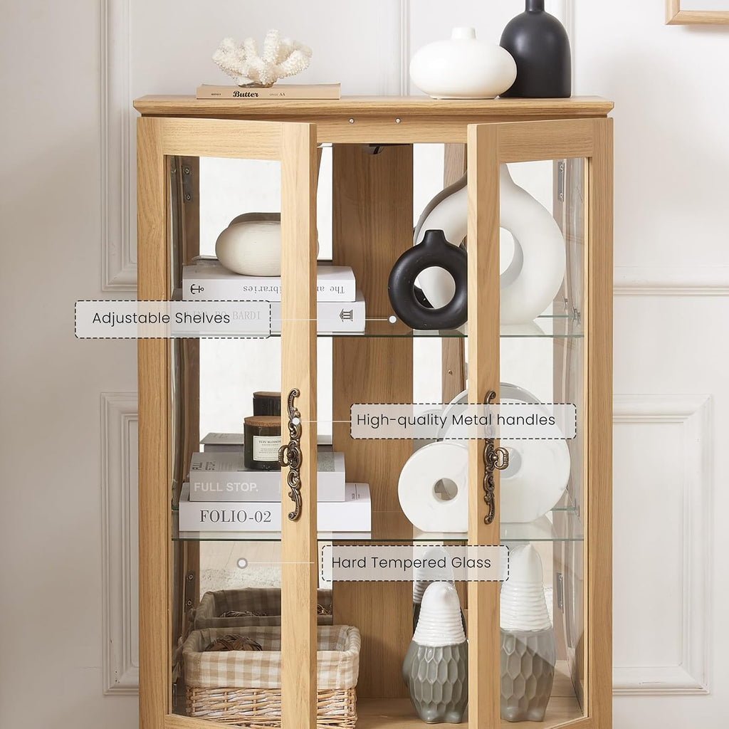 44' Small Lighted Glass Accent Curio Cabinet, Vintage China Cage with 2 Tempered Glass Doors & Adjustable Shelves, Acrylic Mirrored Pane, Elegant Wine Artwork Showcase Rack for Living Room (Oak)