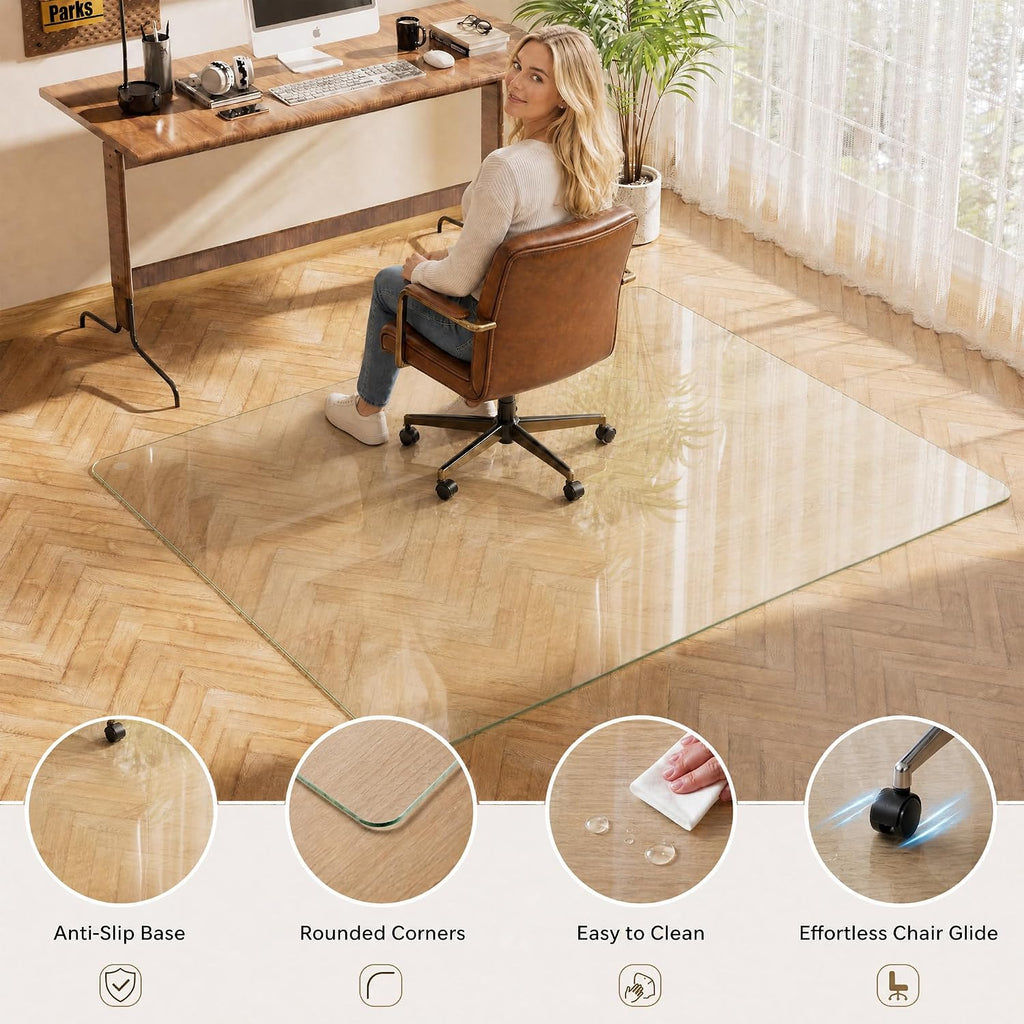 VETROUVE 48' x 60' Chair Mat for Carpet, Heavy Duty Hard Tempered Glass Desk Office Mat on Carpet or Hard Floor with 4 Anti-Slip Pads, 1/5' Thick, Smooth Rolling, Scratch Resistant, Transparent
