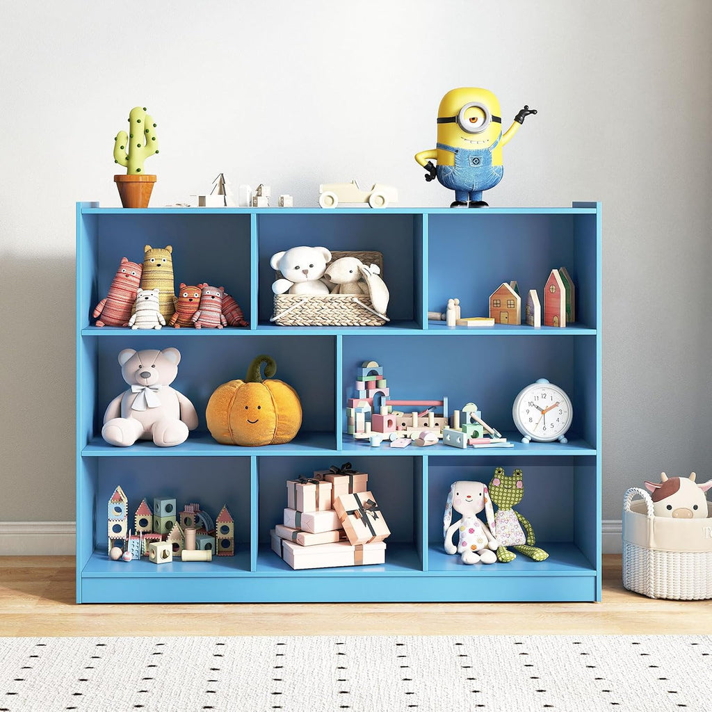 HONEY JOY Kids Toy Storage Organizer, 8-Section Storage Daycare Shelf for Preschool, Children 3-Tier Open Wooden Display Book Shelf Organizer for Classroom, Playroom & Nursery, Kindergarten (Blue)
