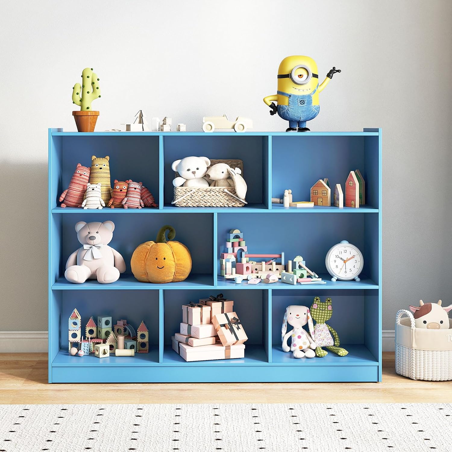 HONEY JOY Kids Toy Storage Organizer, 8-Section Storage Daycare Shelf for Preschool, Children 3-Tier Open Wooden Display Book Shelf Organizer for Classroom, Playroom & Nursery, Kindergarten (Blue)