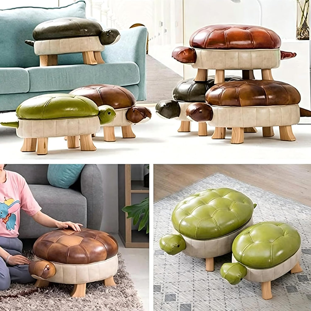 Animal Footstool Turtle Upholstered Ottoman PU Leather Pouf Wood Foot Stool Rest for Living Room Bedroom Sofa Bench Seat Chair, Grass (Small, Brown)