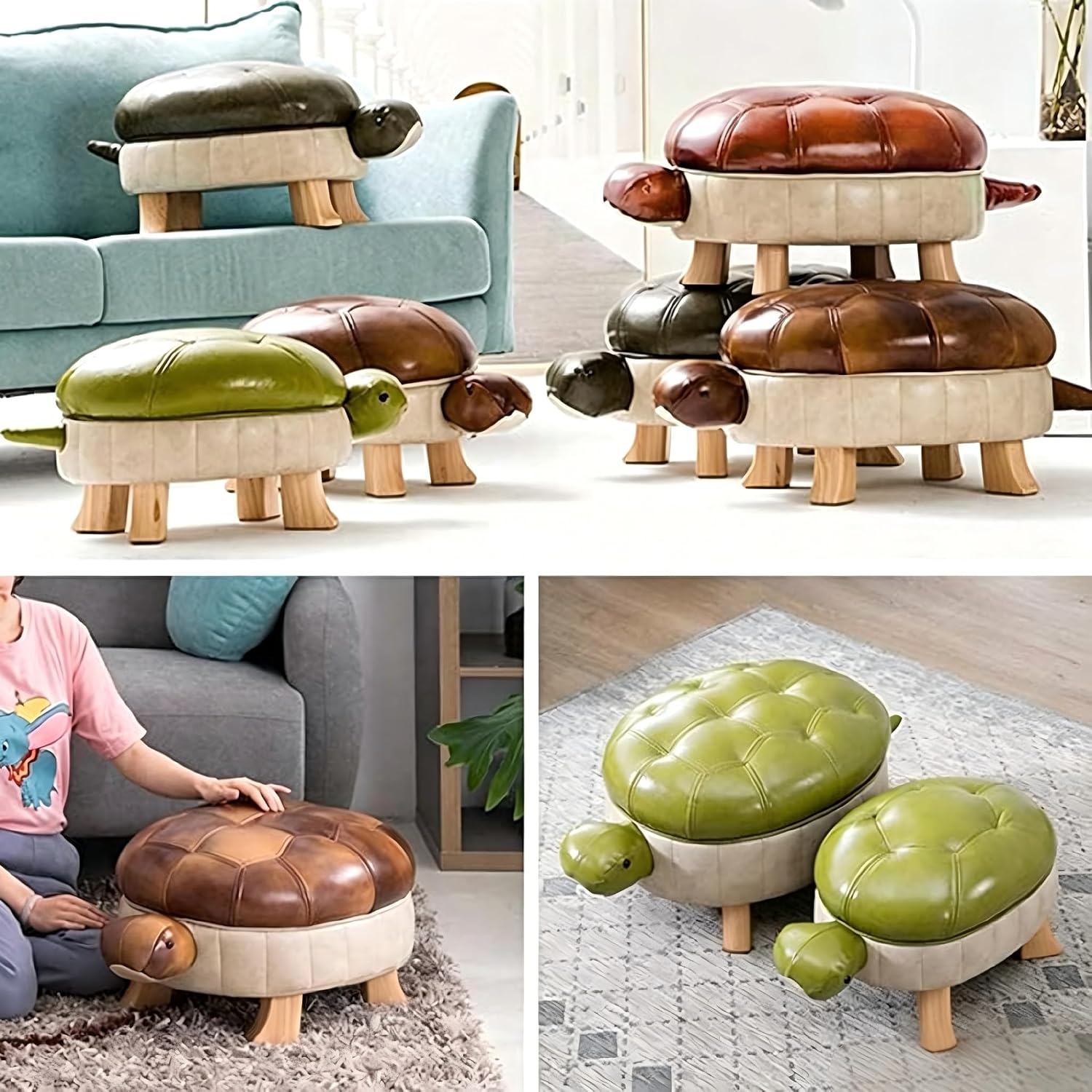 Animal Footstool Turtle Upholstered Ottoman PU Leather Pouf Wood Foot Stool Rest for Living Room Bedroom Sofa Bench Seat Chair, Reddish Brown, Small