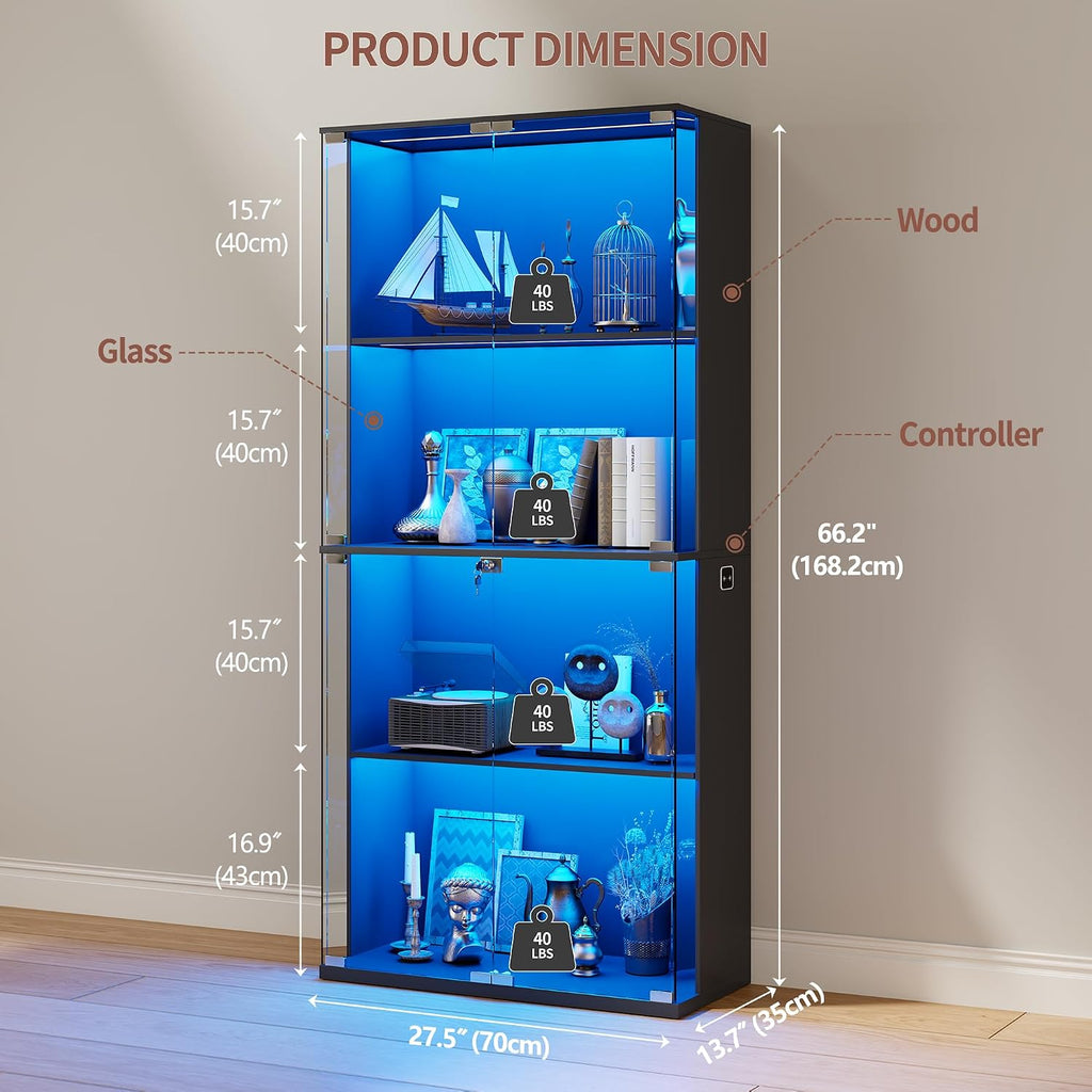 HNEBC Glass Display Cabinet with LED Lights - 4-Tiers Curio Cabinet Display Case with Lock,China Cabinet with Human Body Senor for Collectibles & Legos,Living Room Bookcase Storage Cabinet (Black)