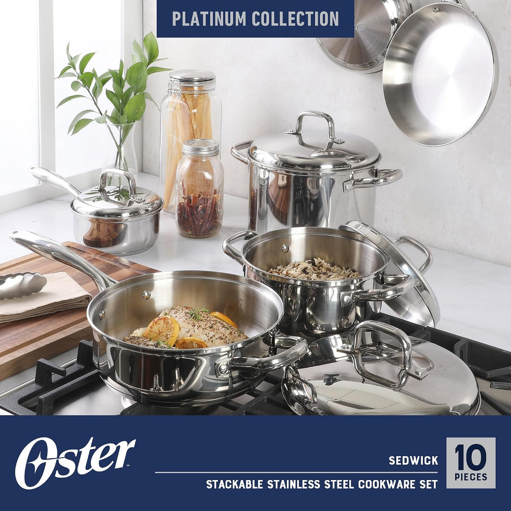 Oster Platinum Sedwick 10-Piece Stackable Stainless Steel Pots and Pans Cookware Set W/Domed Stainless Steel Lids W/TriPly Encapsulated Base - Induction Safe