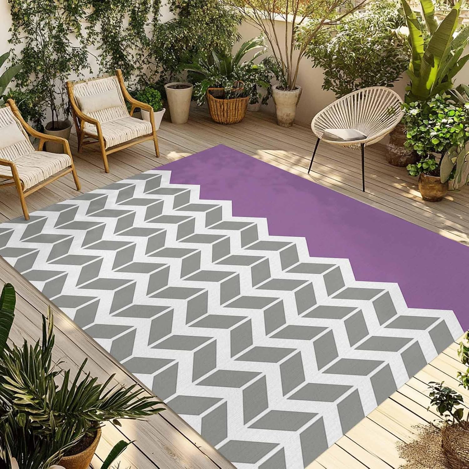 Outdoor Rug 4x6ft Grey White Arrow Chevron Striped Patio Area Rugs Waterproof Easy Cleaning Non Shedding Thick Mats Purple Carpet for Indoor Outdoor Porch Deck Backyard Balcony