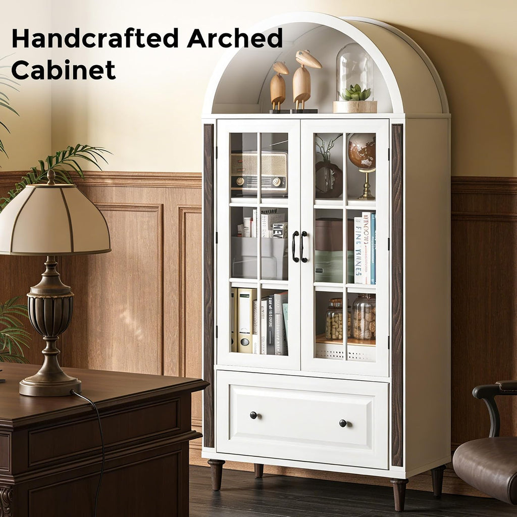 71' Handcrafted Arched Bookcase, Filing Cabinet for Home Office, Wooden Display Cabinet with Glass Doors and Adjustable Shelves for Living Room, Dining Area, and Office, White