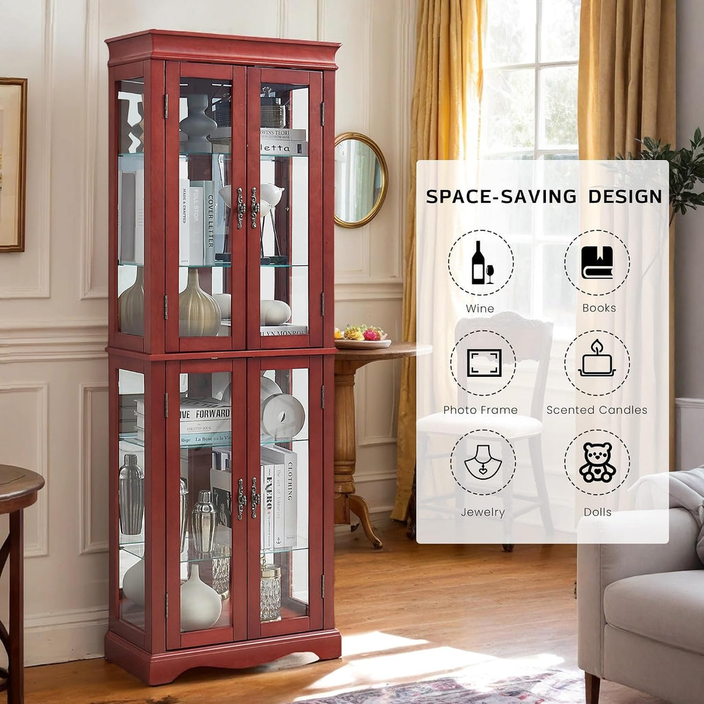71' Lighted Curio Cabinet with 6 Adjustable Shelves, Vintage Glass Display Case, Tempered Glass Doors, Tall Wine Bar Cabinet for Living Room Liquor Storage, Bulb Included