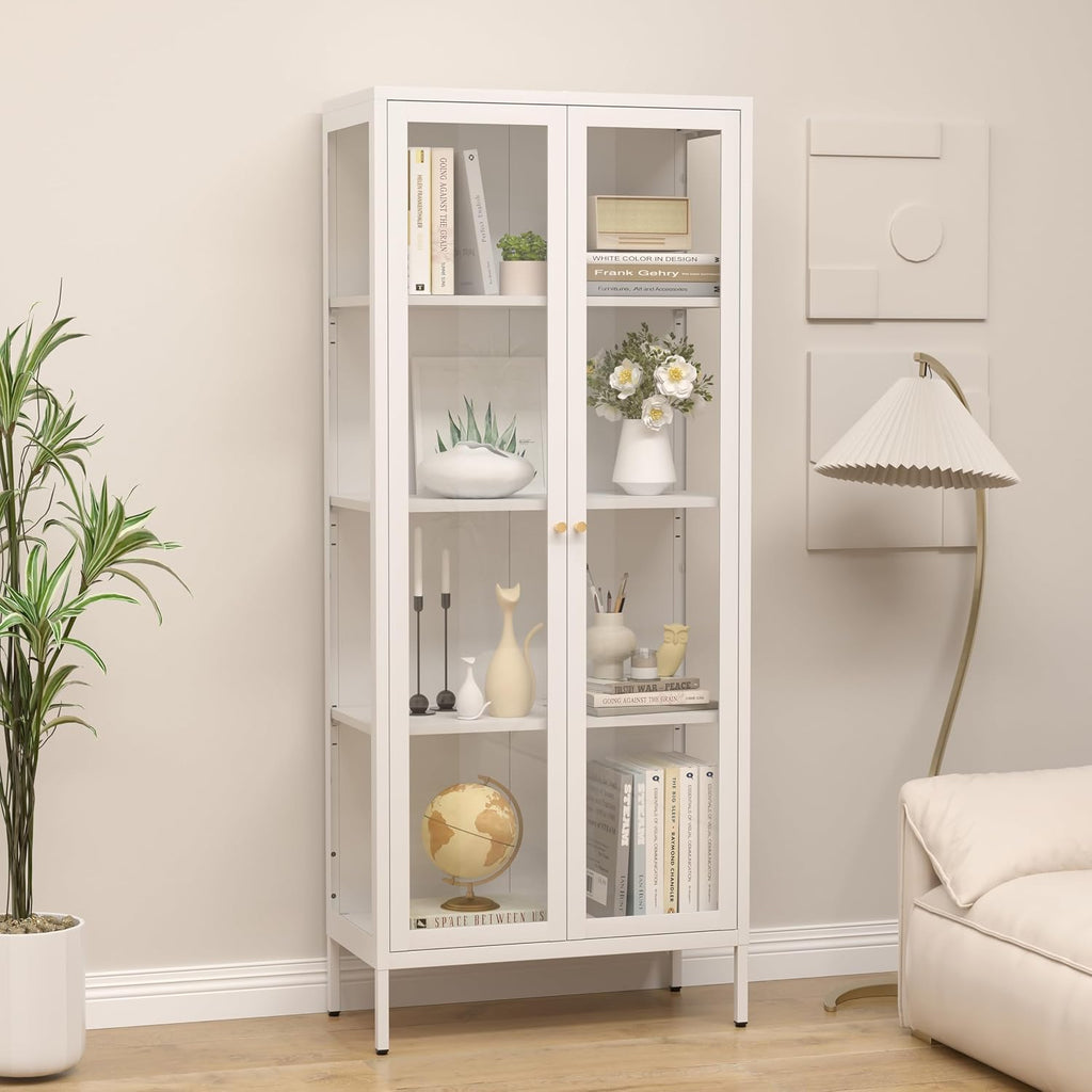 SteeLoong 66' Display Cabinet with Tempered Glass,Metal Curio Cabinet with Glass Doors,4-Tier Display Case for Collectibles,Trophy,Plant,White Storage Cabinets for Living Room - Assemble Required