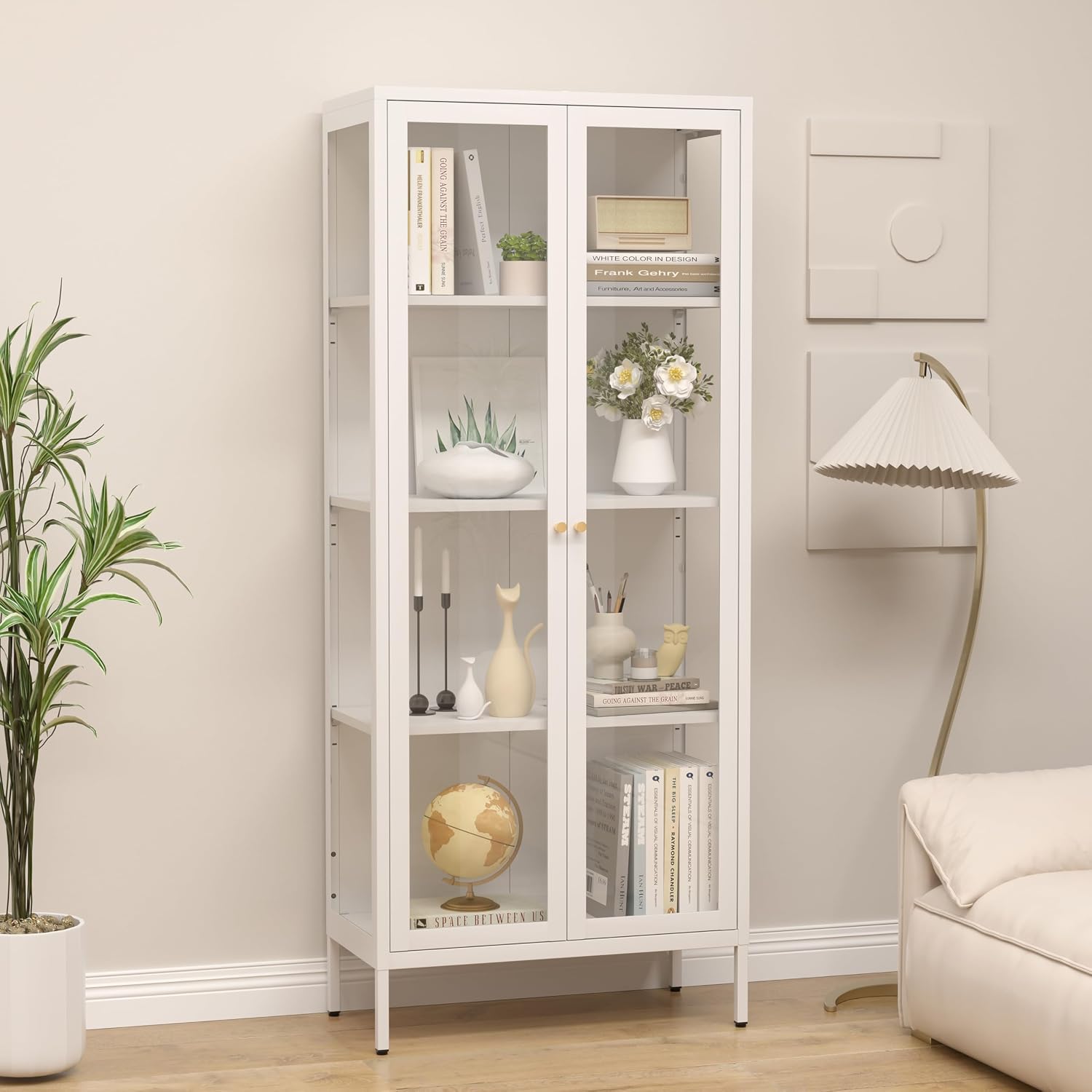 SteeLoong 66' Display Cabinet with Tempered Glass,Metal Curio Cabinet with Glass Doors,4-Tier Display Case for Collectibles,Trophy,Plant,White Storage Cabinets for Living Room - Assemble Required