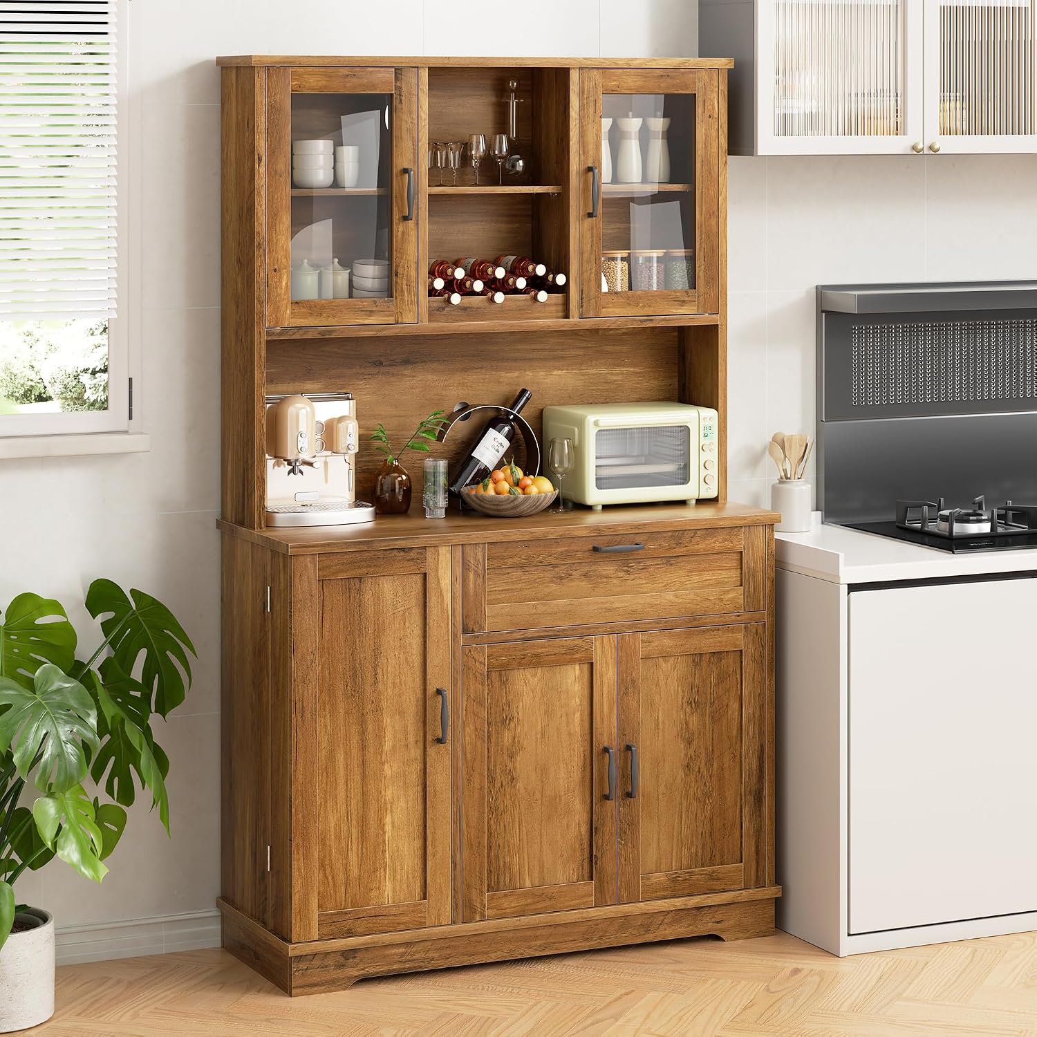 Shintenchi Kitchen Pantry Storage Cabinet, Freestanding Buffet Cabinet with Microwave Stand & 4 Door Shelves, Kitchen Hutch with Doors, Adjustable Shelves and Wine Rack, Brown