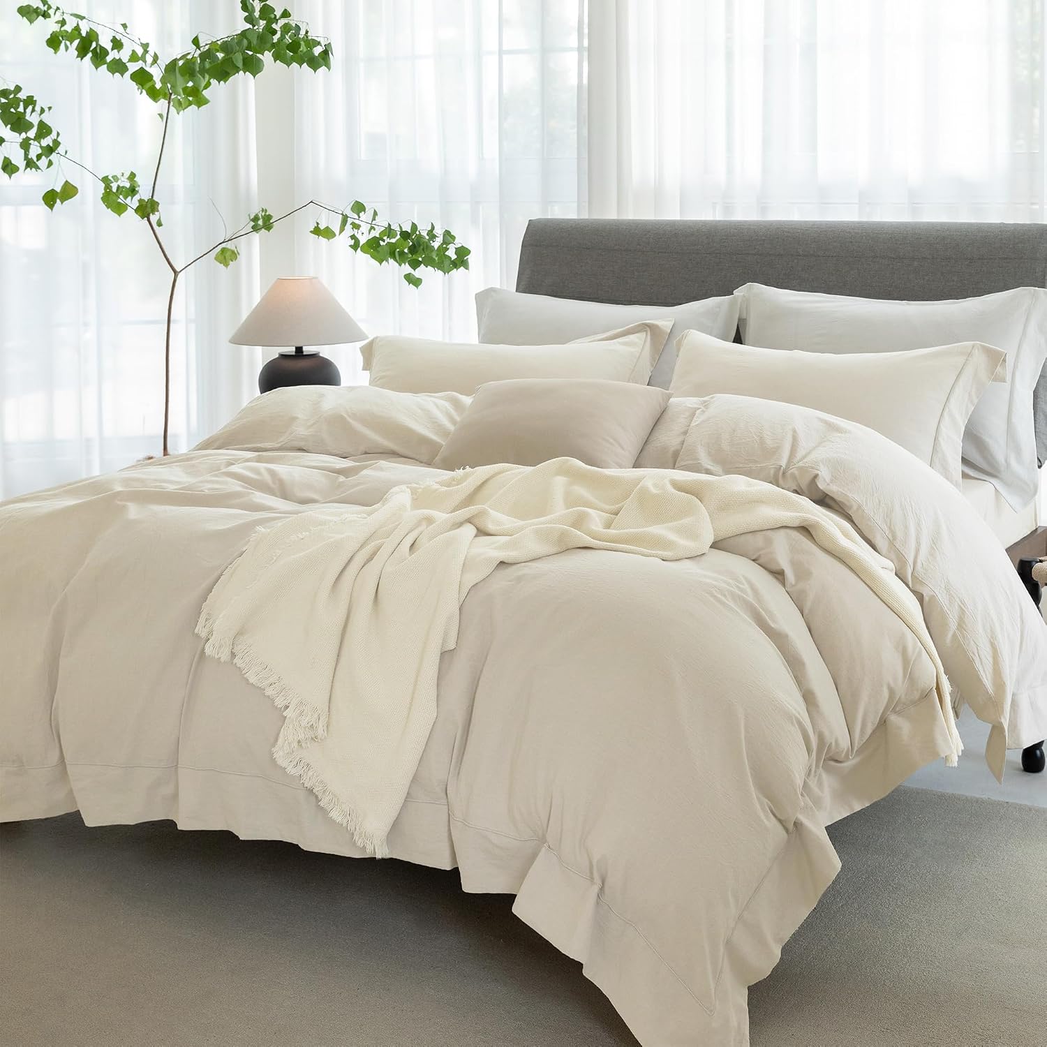 Cooling Duvet Cover Set 3 Pieces-100% Washed Cotton with Chic Wide Trim Design Linen Like Textured Ultra Soft Cozy Bedding with Zipper Closure(Hemmed Almond Grey,Oversized King 120'x98')