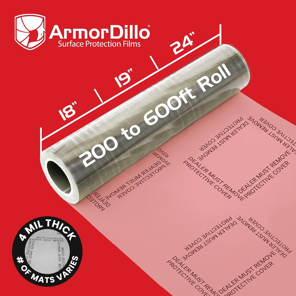 ArmorDillo Dealer Must Remove Floor Mats – 1 Roll, 24' x 600' Clear Plastic Film | Automotive Carpet Protection Adhesive Roll for Car Detailing, Service Shops, and Disposable Floor Covers