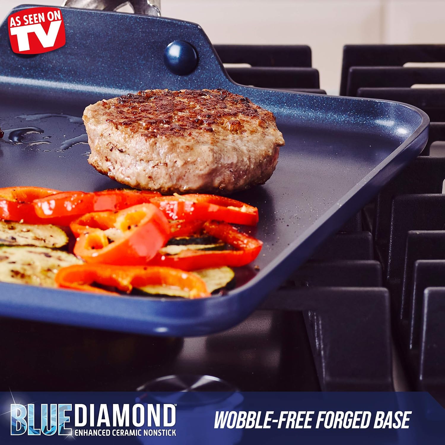 Blue Diamond 14 Piece Nonstick Cookware Set & 11' Griddle Pan, Diamond Ceramic Pots & Pans, Dishwasher & Metal Utensil Safe, Non Toxic PFAS-Free, Kitchen Cooking Sauce & Saute Pans, Oven 600F, Blue