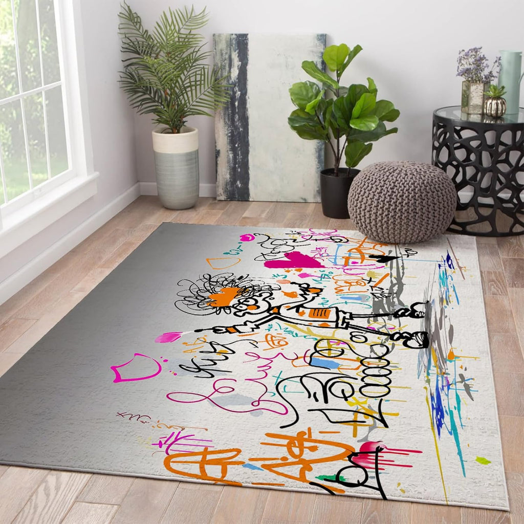 Modern Cute Graffiti Area Rug 6'x7' - Creative Cartoon Pattern Easy-Cleaning Non Slip Entry Floor Carpet Washable Rug for Living Room