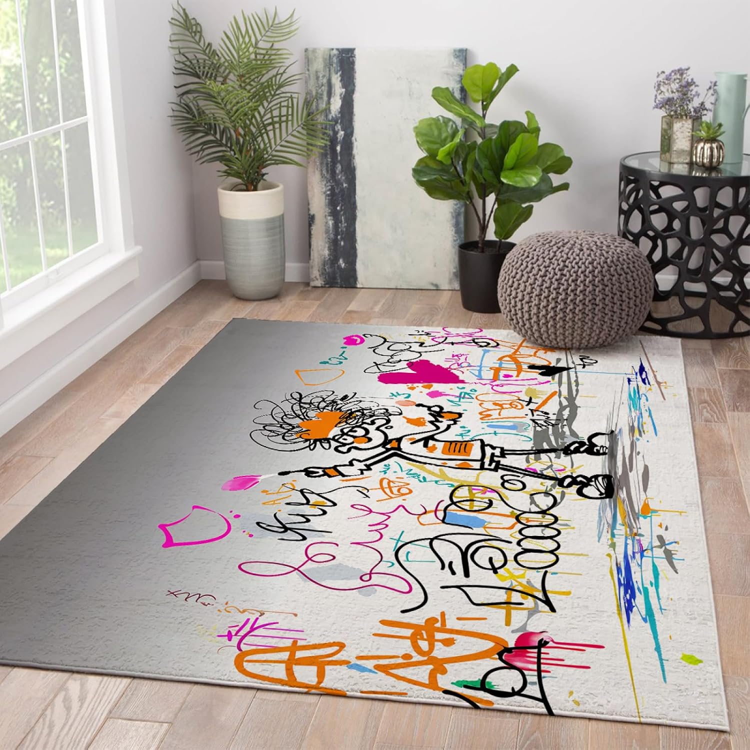 Modern Cute Graffiti Area Rug 6'x7' - Creative Cartoon Pattern Easy-Cleaning Non Slip Entry Floor Carpet Washable Rug for Living Room