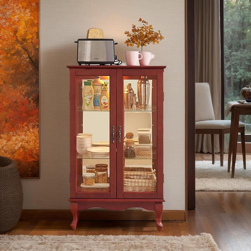 44' Small Lighted Glass Accent Curio Cabinet, Vintage China Cage with 2 Tempered Glass Doors & Adjustable Shelves, Acrylic Mirrored Pane, Elegant Wine Artwork Showcase Rack for Living Room (Cherry)